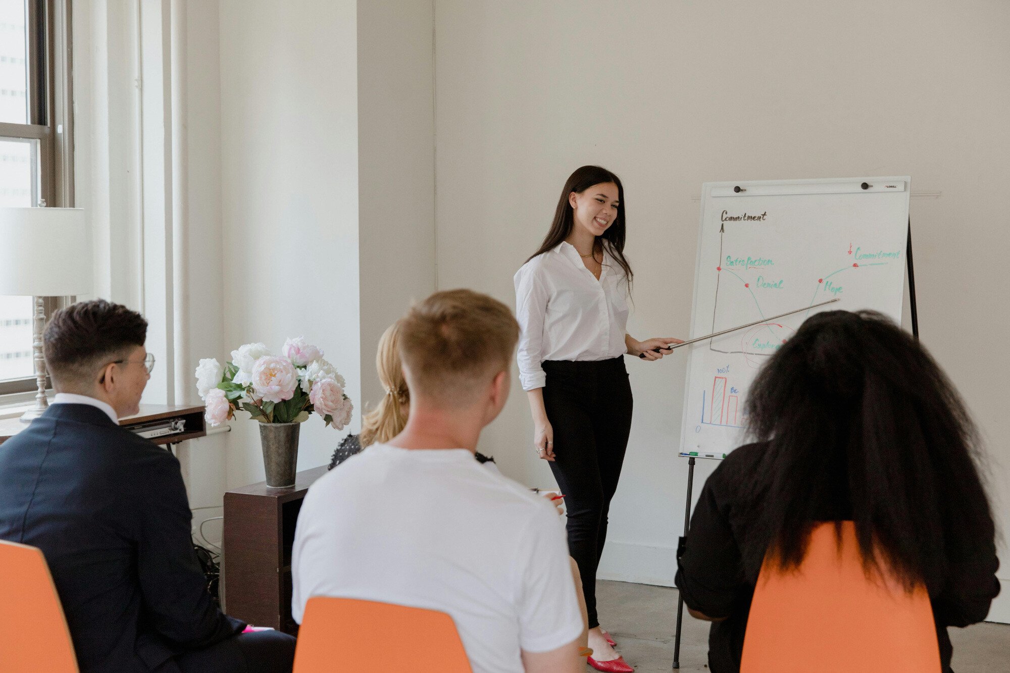 Woman stood at top of office pointing at a chart with people looking on.