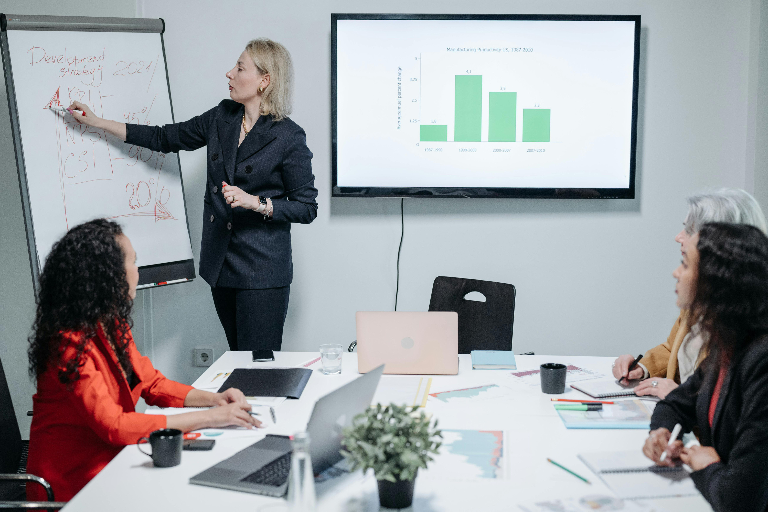 Person pointing to statistics chart at the top of an office room with others watching on.