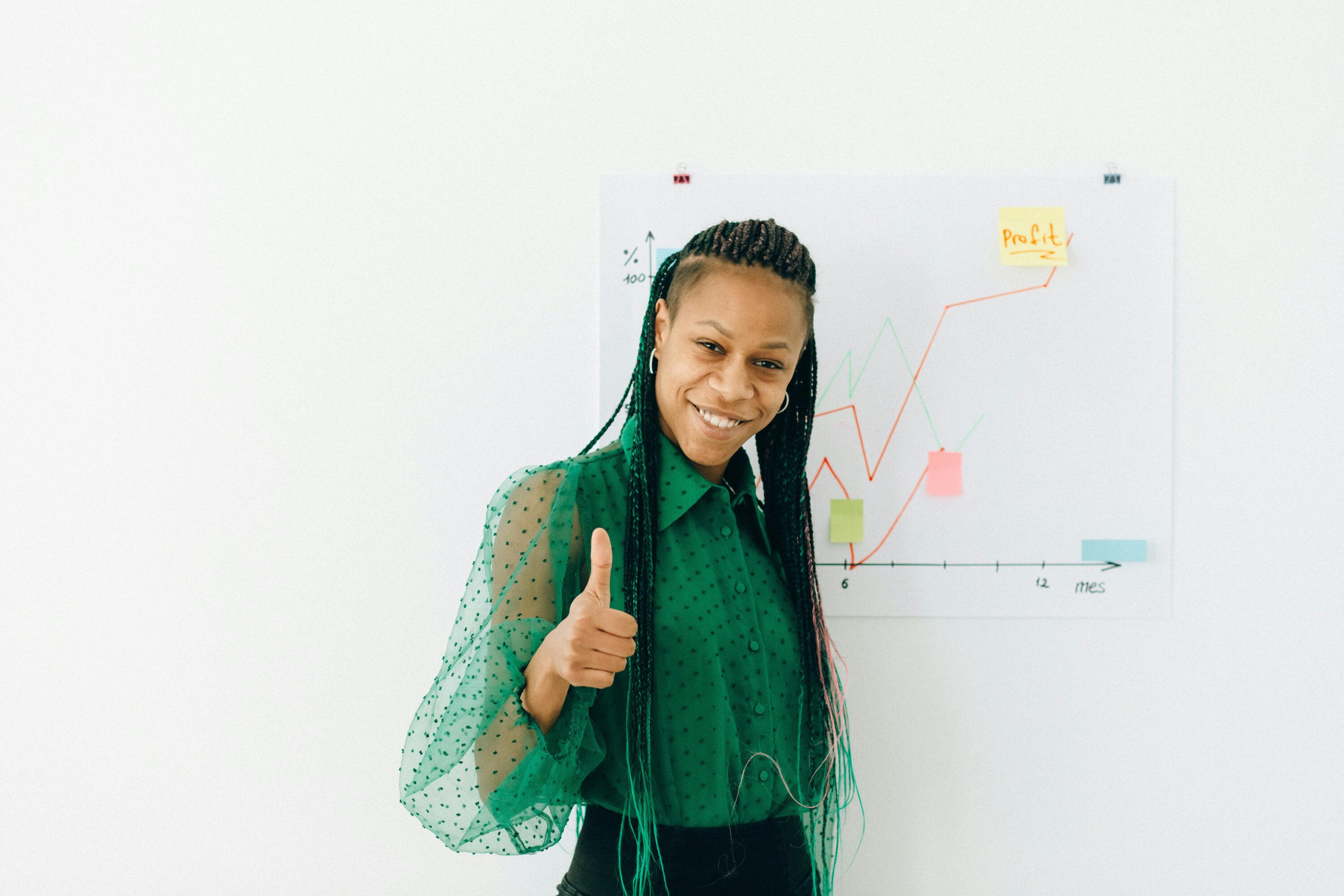 Woman standing in front of positive business chart giving a thumbs up.