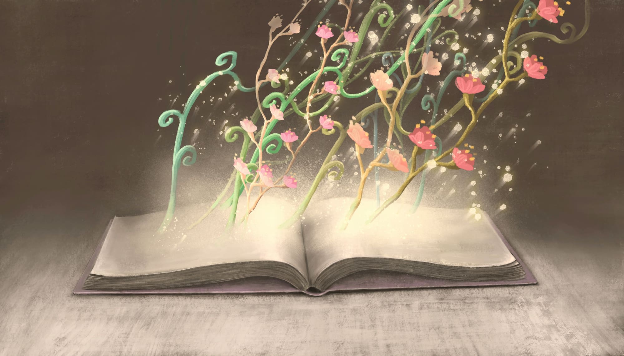 Animated image of colourful flowers growing out of an open book.