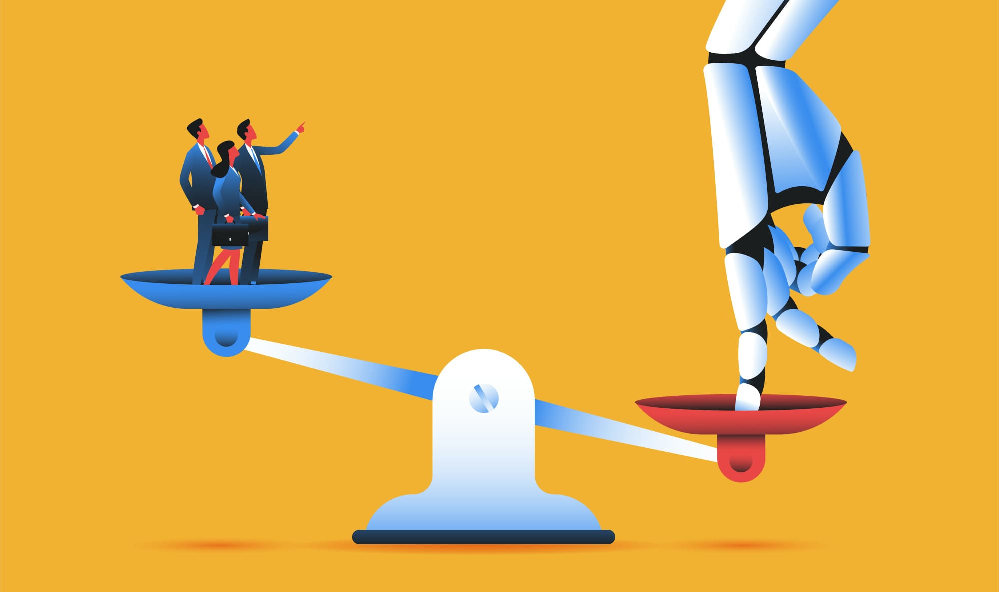 Cartoon-style image of a robot hand pushing down one side of a scales, lifting up business people on the other side.