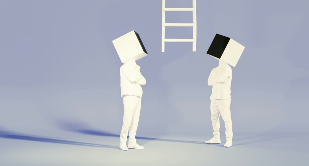 Two humans with block-shaped helmets in white suits pondering a ladder above them.