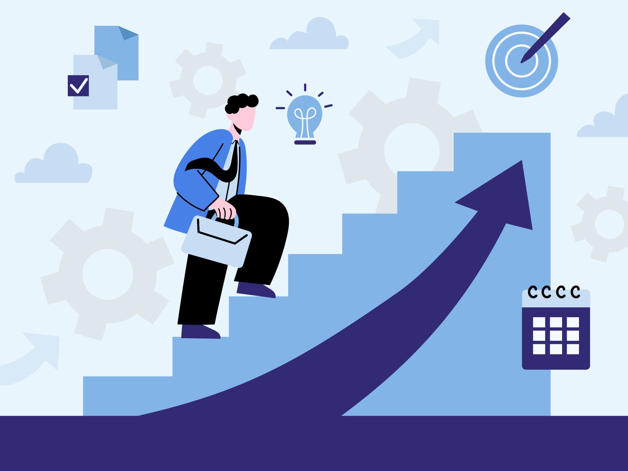 Graphical depiction of many walking up steps which are on top of an upwards curve-shaped arrow.