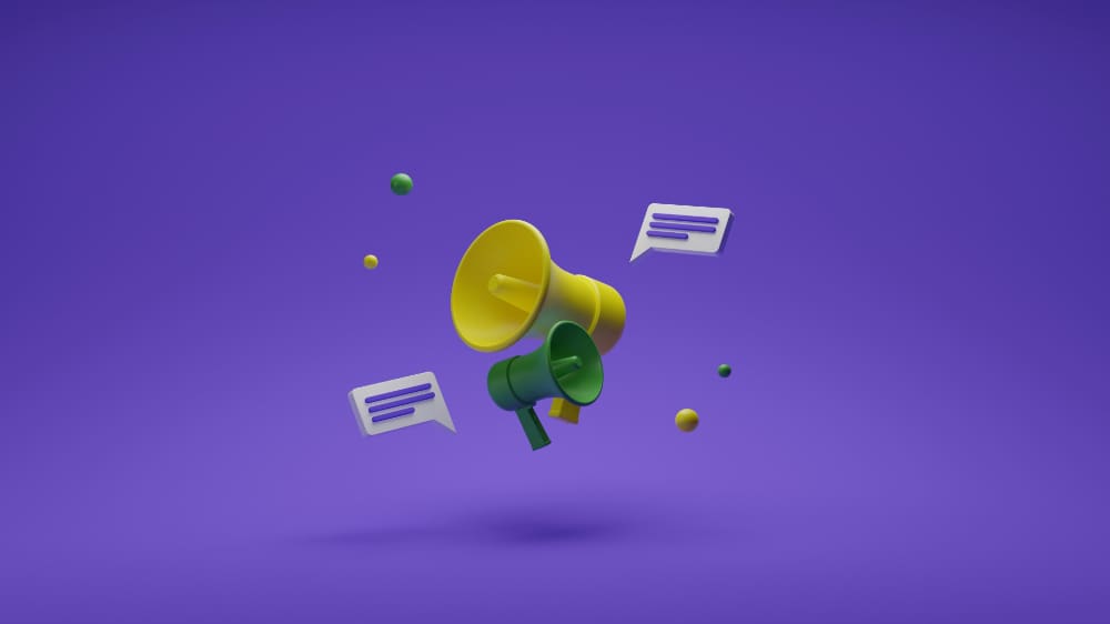 Animated image of green and yellow megaphones intertwined with purple background.