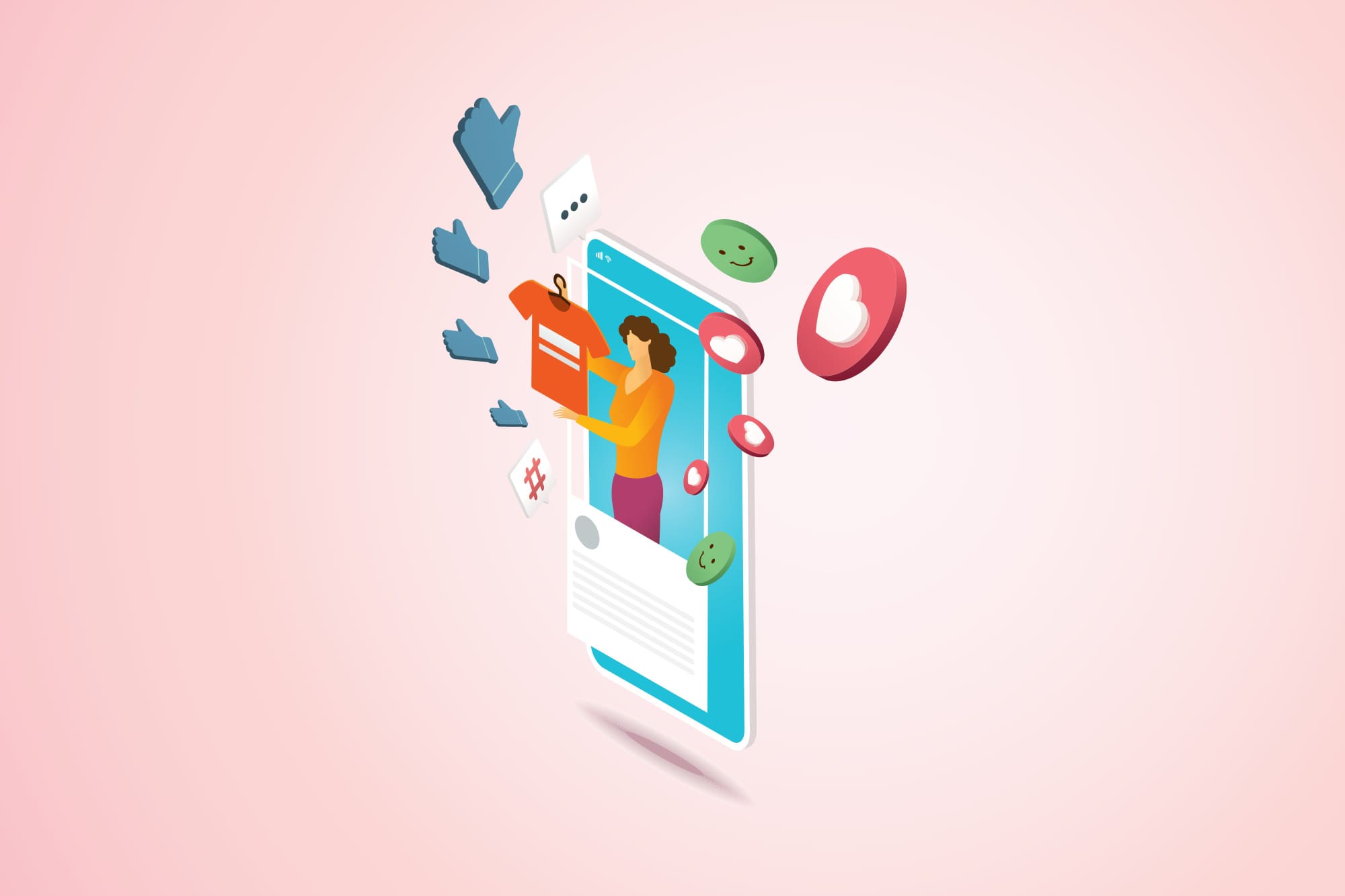 Graphic depiction of a phone with influencer holding t-shirt out of the screen and loads of emojiis flowing out of it.