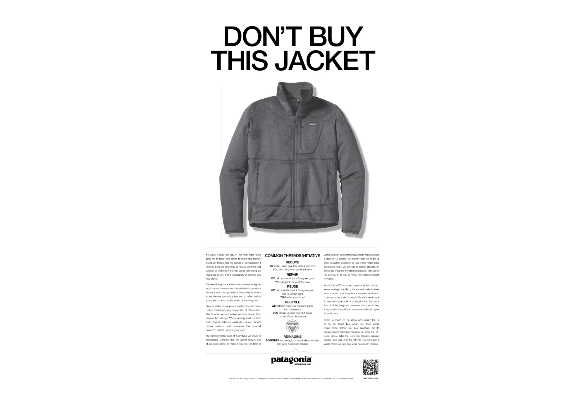 Patagonia's full-page 'don't buy this jacket' New York times print advertisement.