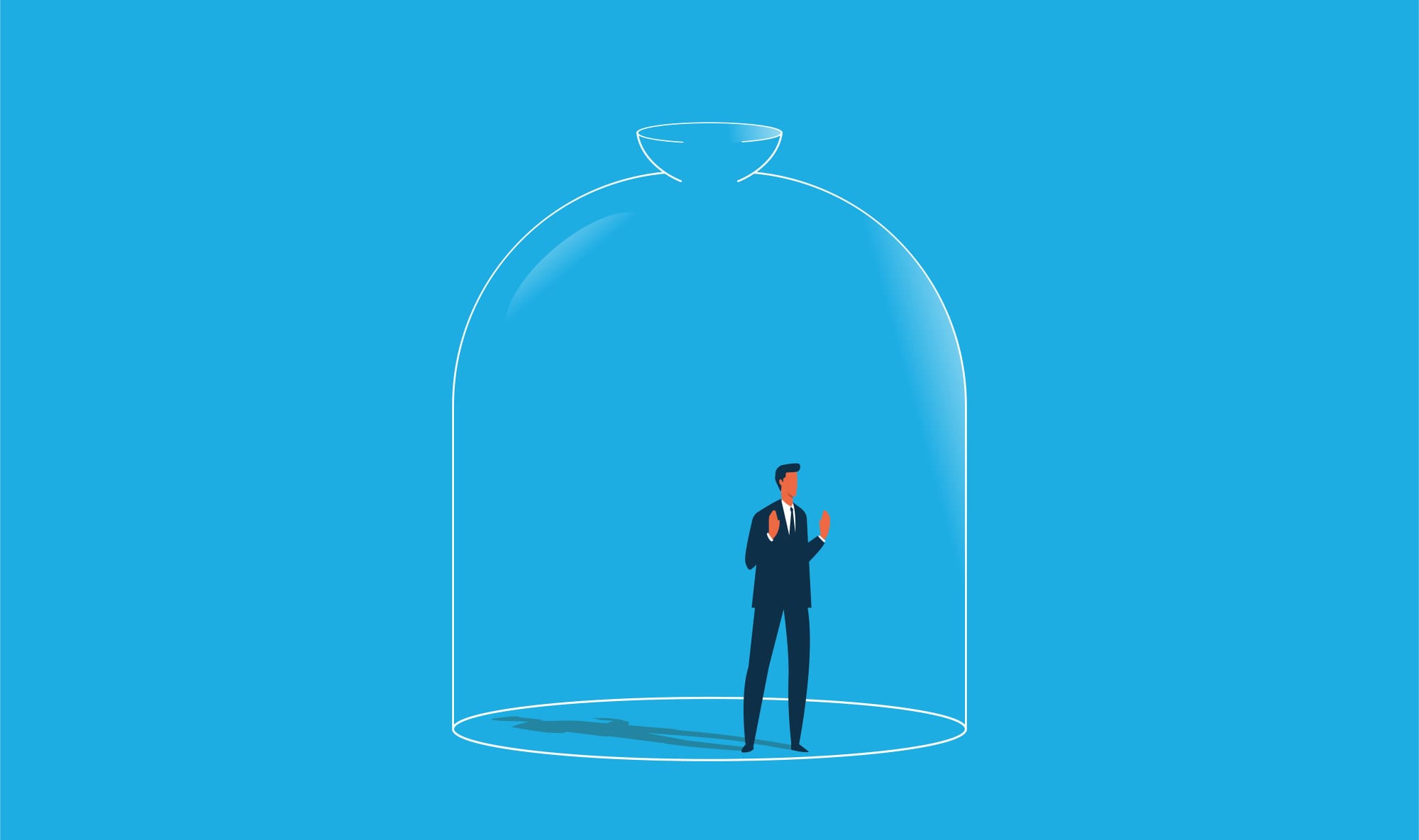 Cartoon-style depiction of a man in a suit standing inside a transparent jar.