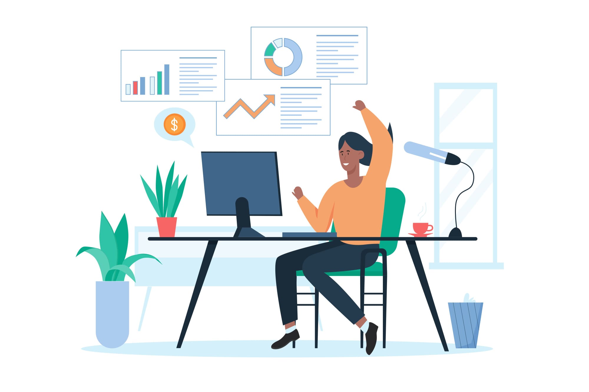 Graphical depiction of office worker sat at desk reacting positively to various business charts.