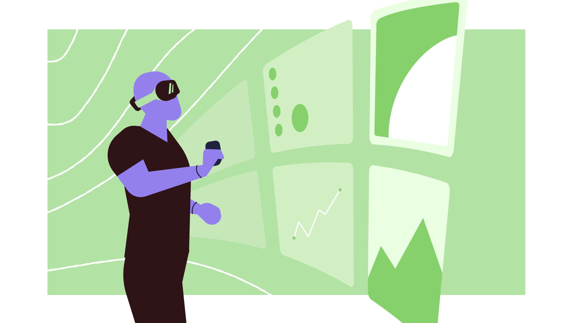 Cartoon-style image of somebody using a VR headset to scroll through various screens.