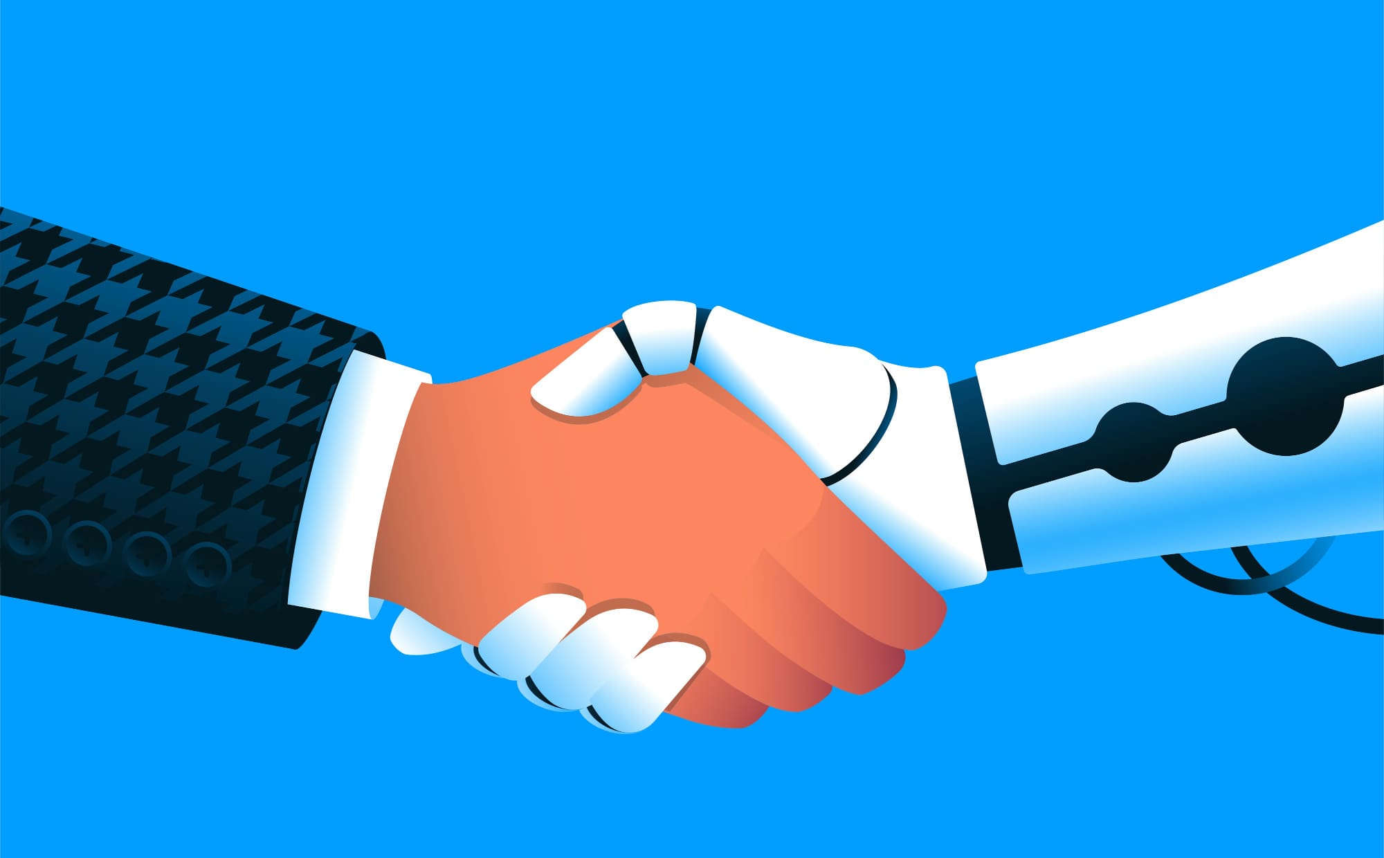 Graphical depiction of a human hand shaking a robot's hand.