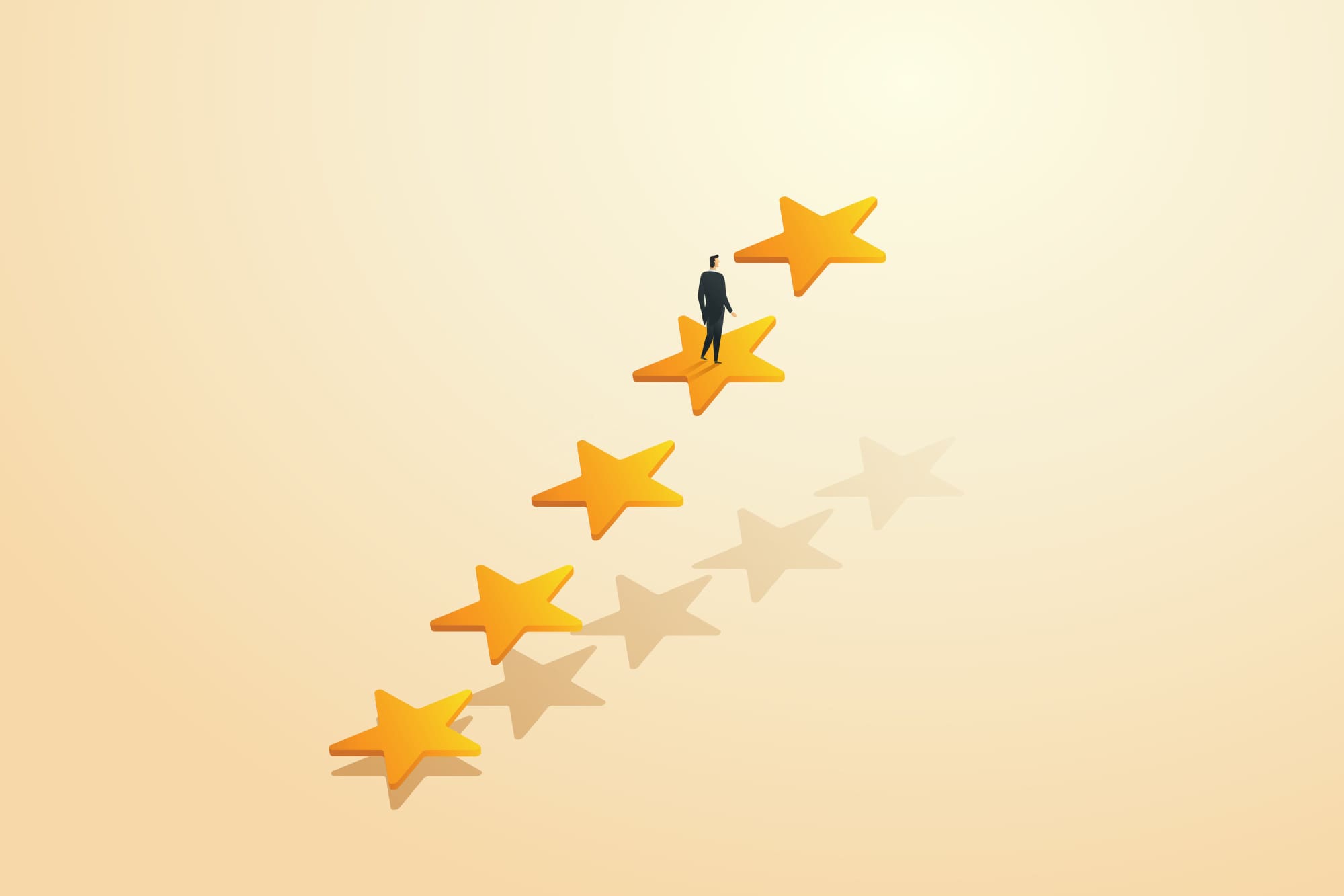 Cartoonish depiction of a business man climbing a floating staircase made from gold stars.