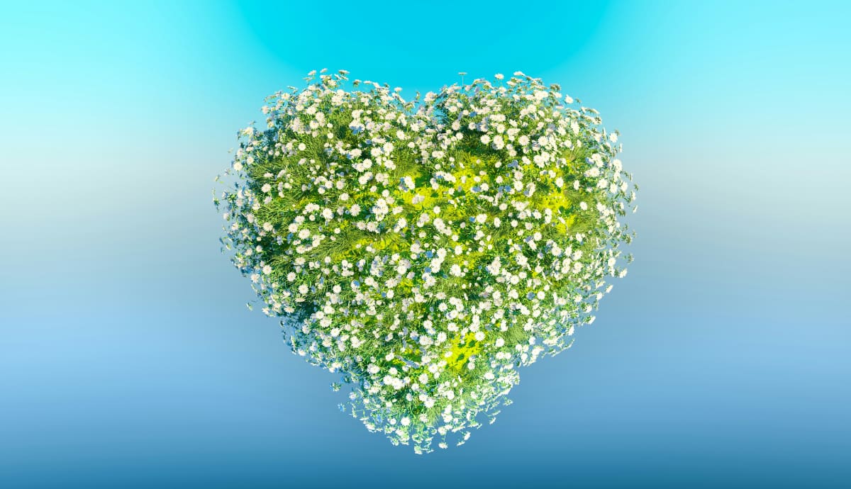 Computer-generated image of a green heart-shape made out of daisies.