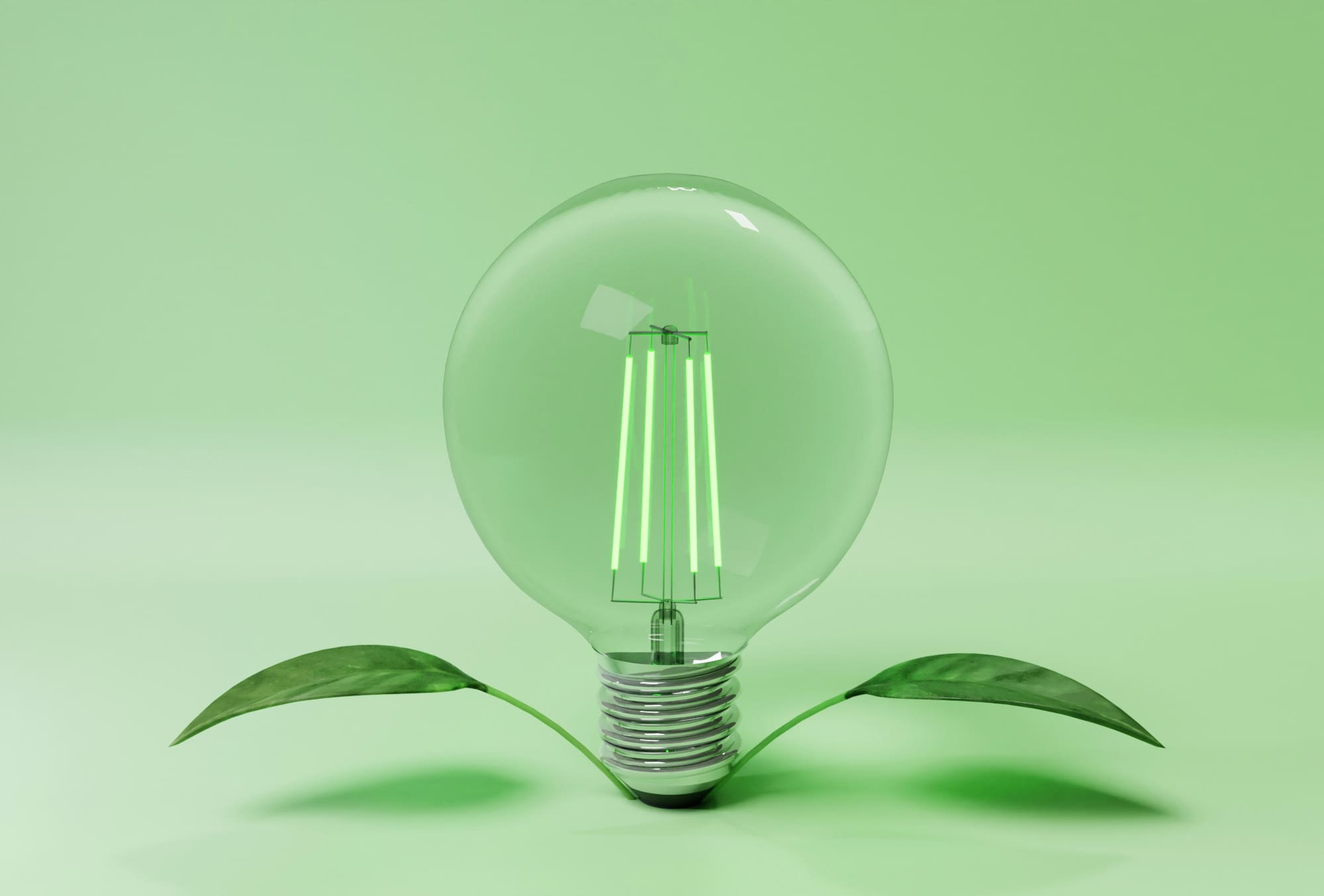 Animation-style image of a green lightbulb with two leaves growing out of the base.