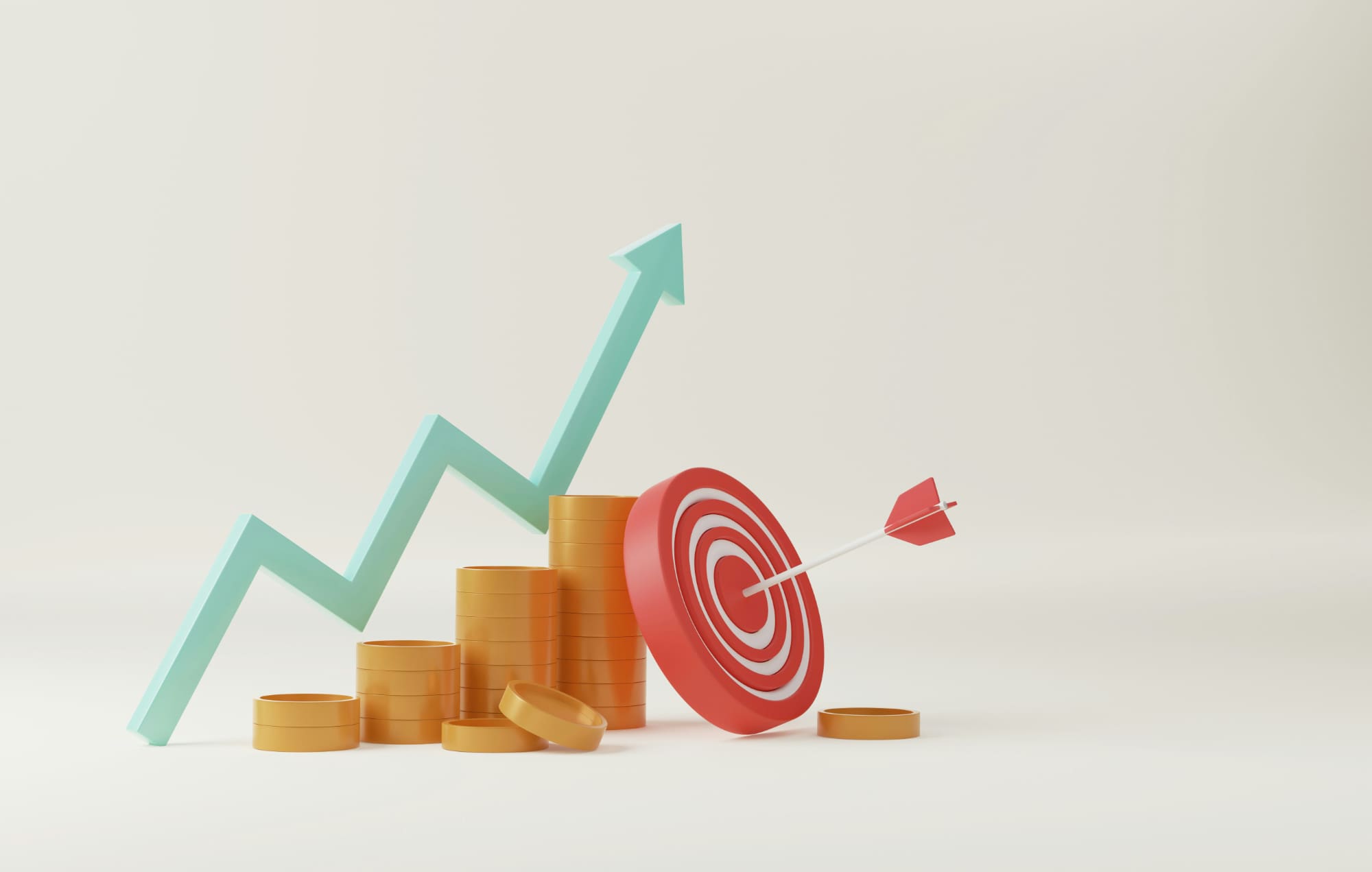 Animated depiction of an upwards green arrow behind a pile of coins and a bullseye dart board.