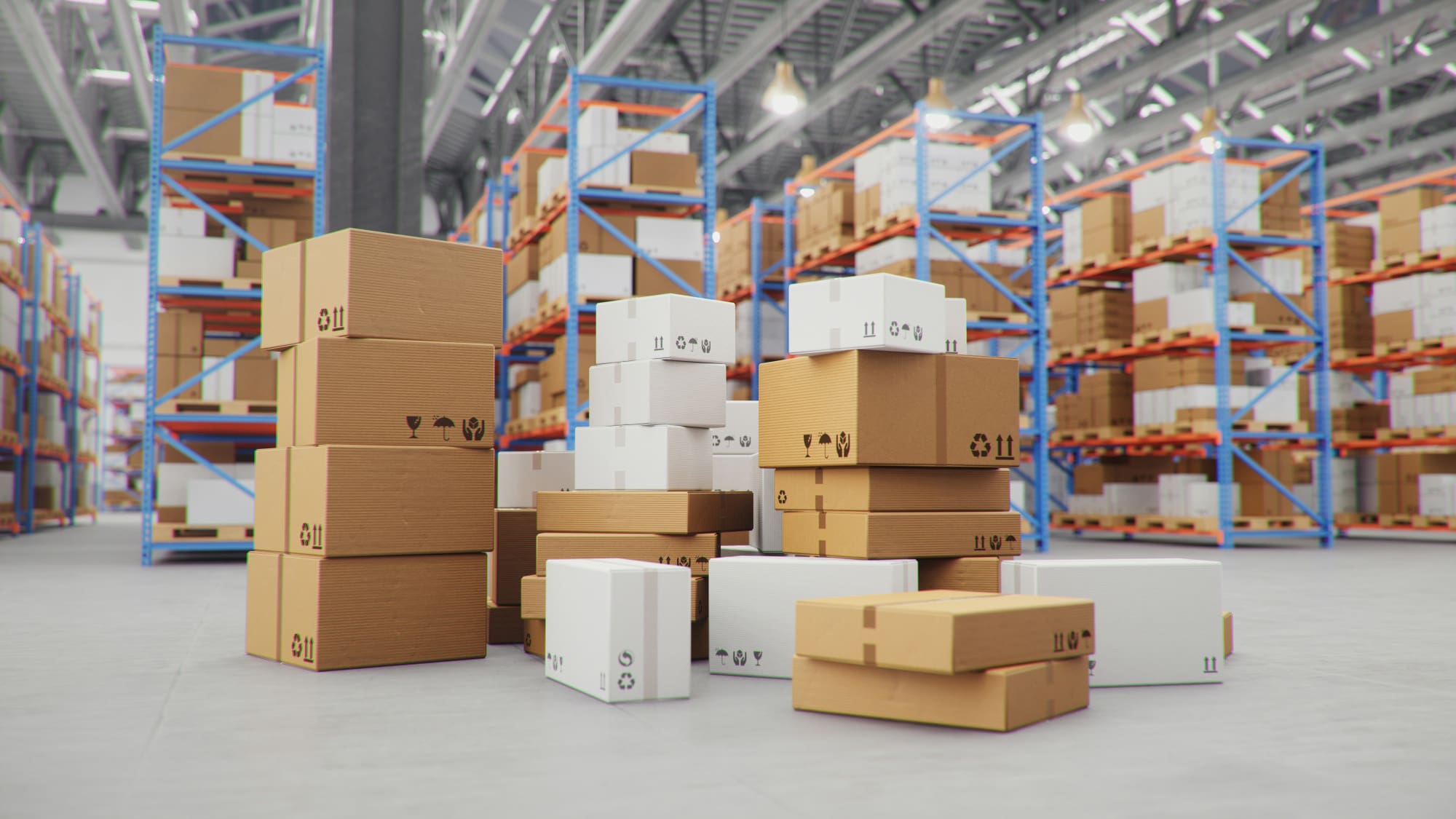 A selection of different packages on a warehouse floor.