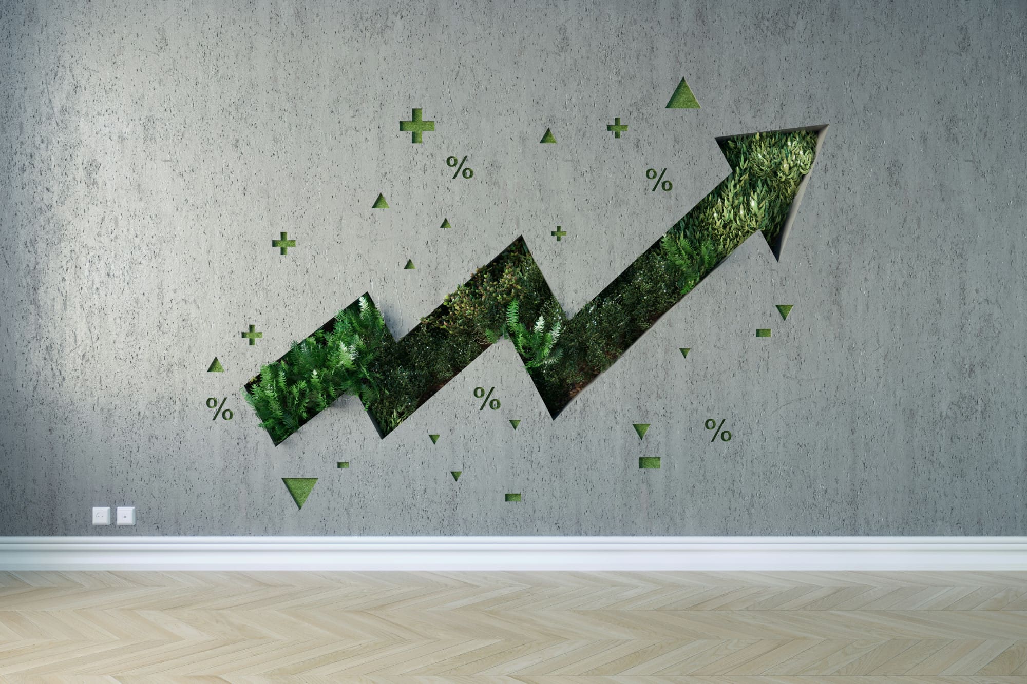 A zig-zagging upwards-pointing green arrow on a grey wall