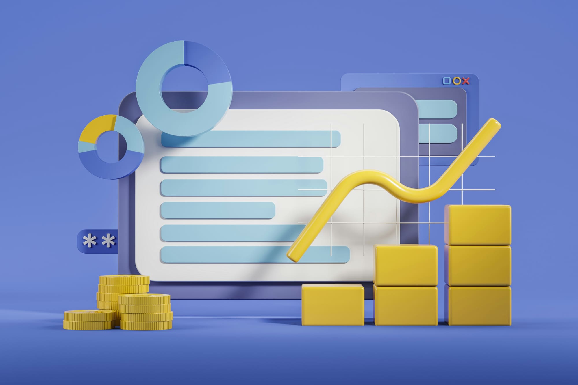 Animated graphic depiction of a computer screen with various positive charts and graphs coming out of it.