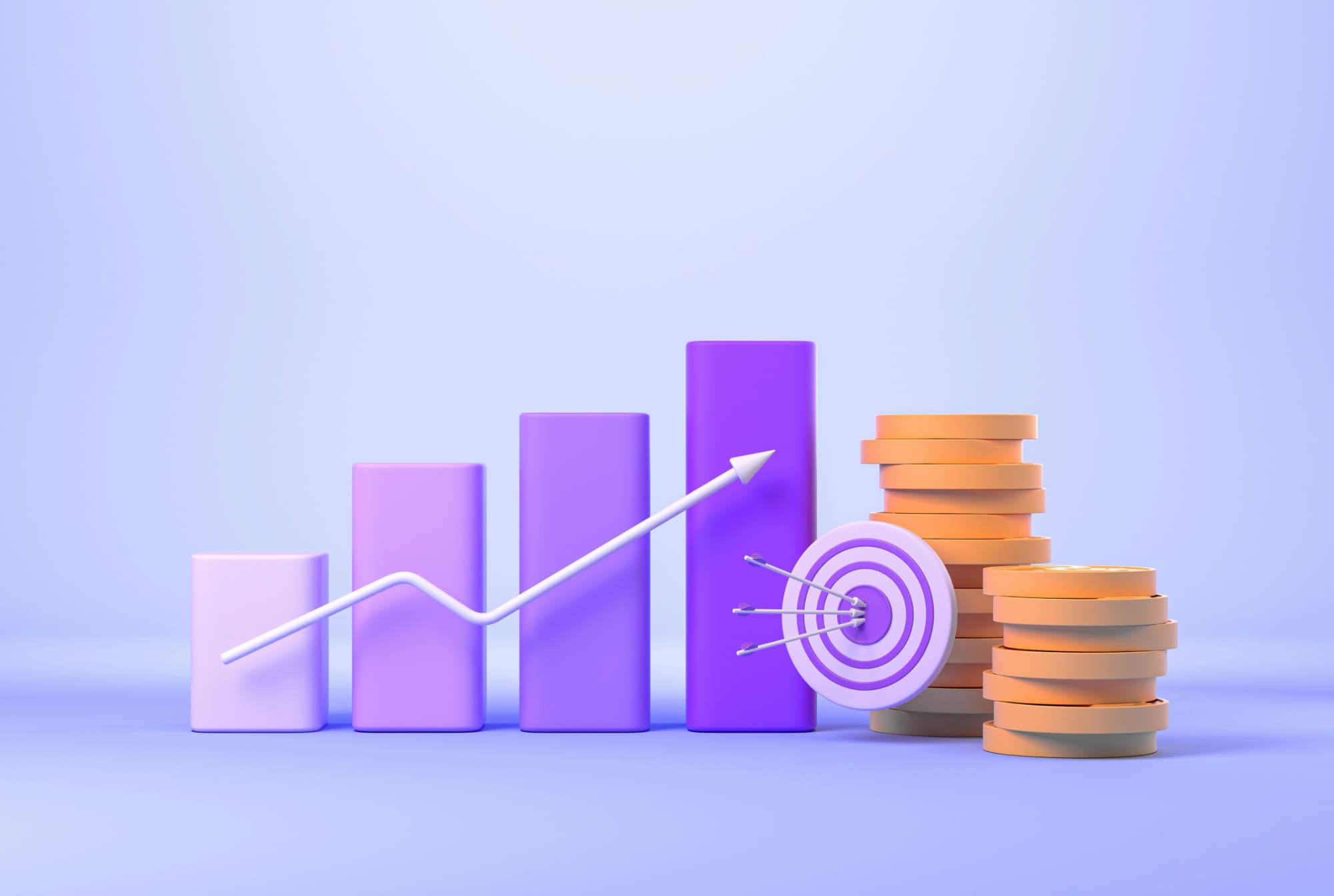 Animation-style graphic of a gradually progressing bar chart with upwards arrow in front of it and arrows hitting a target next to piles of gold coins.