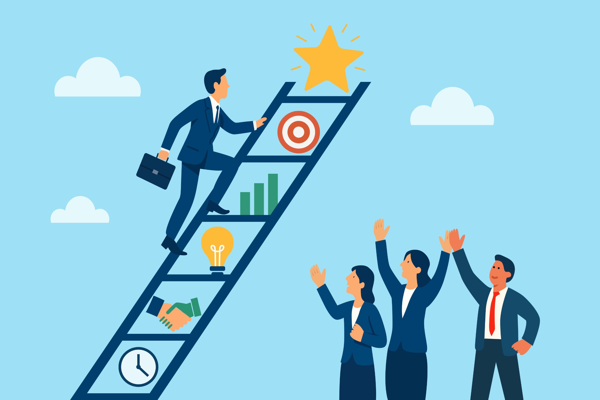 An animation-style image of three business people celebrating as a fourth reaches the top of a ladder where a gold star is waiting.
