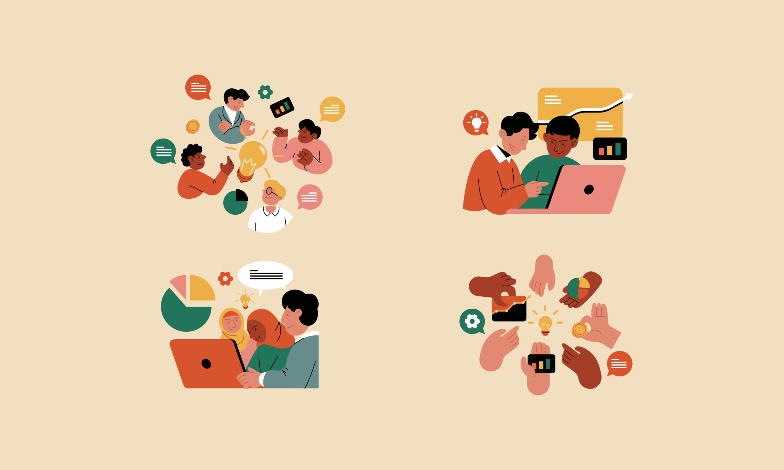 An animation-style image of several business conversations taking place.