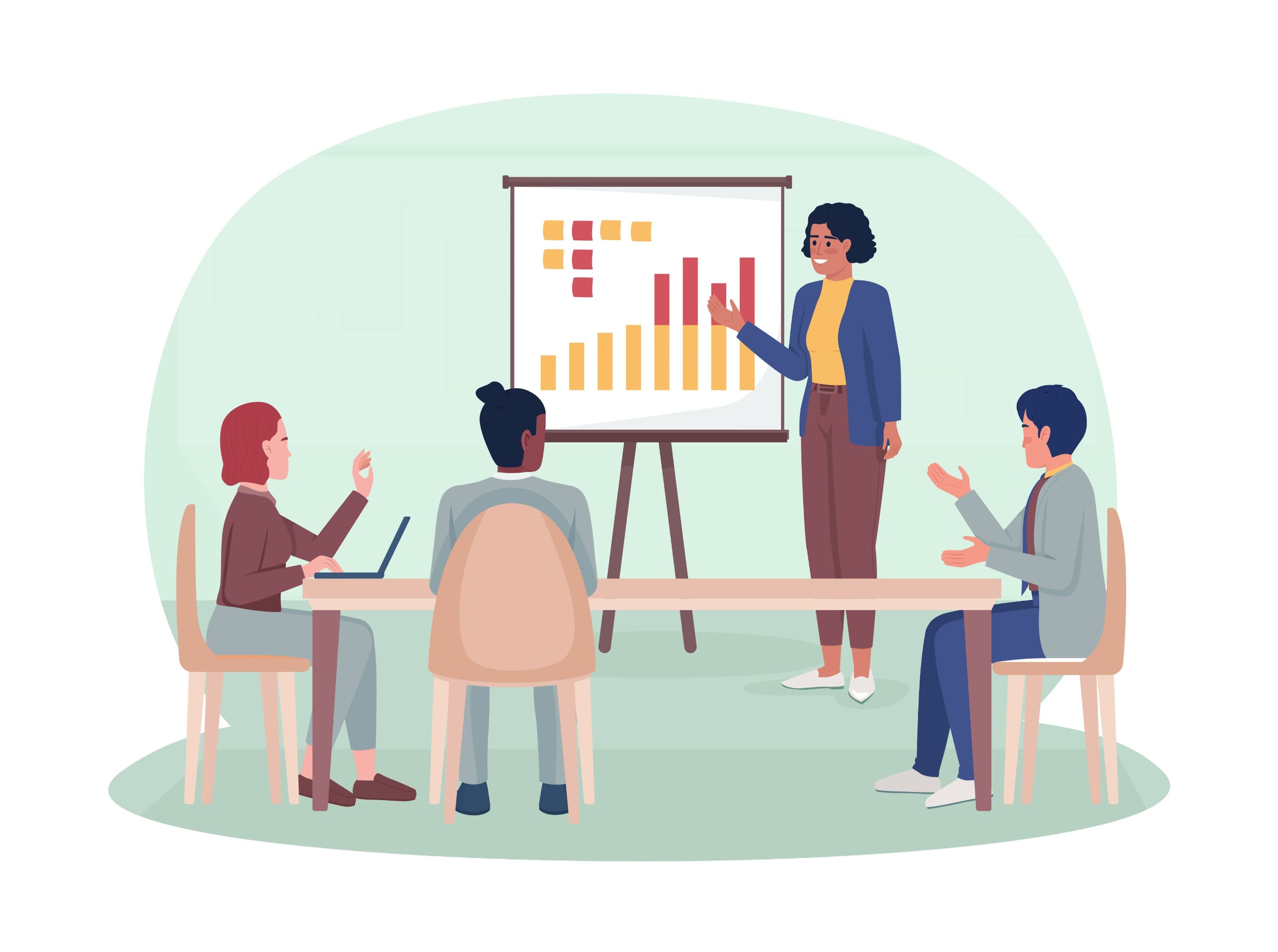An animation-style image of of a business person pointing at a chart at the top of the room to teach other business people sitting at a table.
