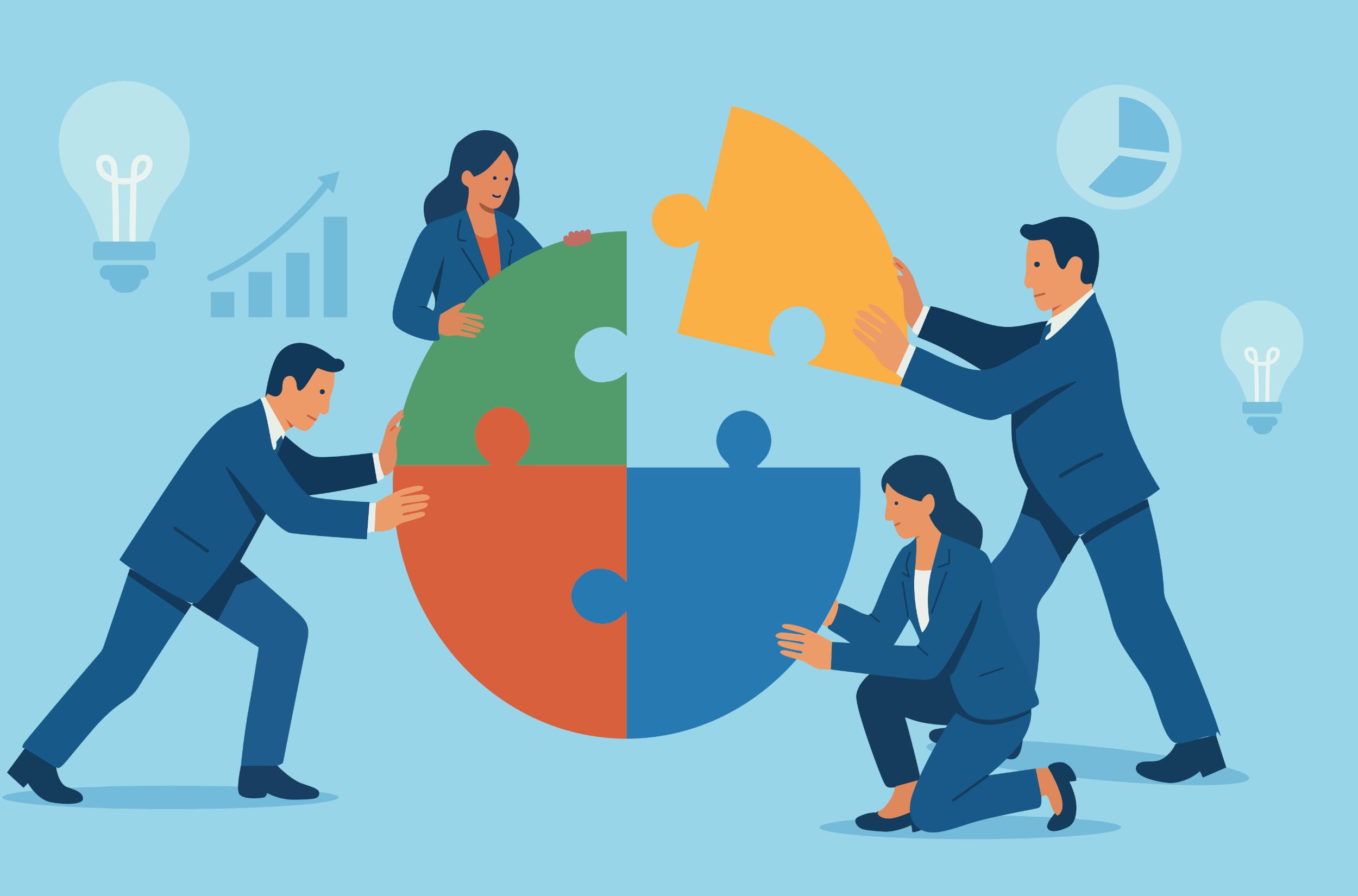 An animation-style image of four business people placing four segments together into a circle.