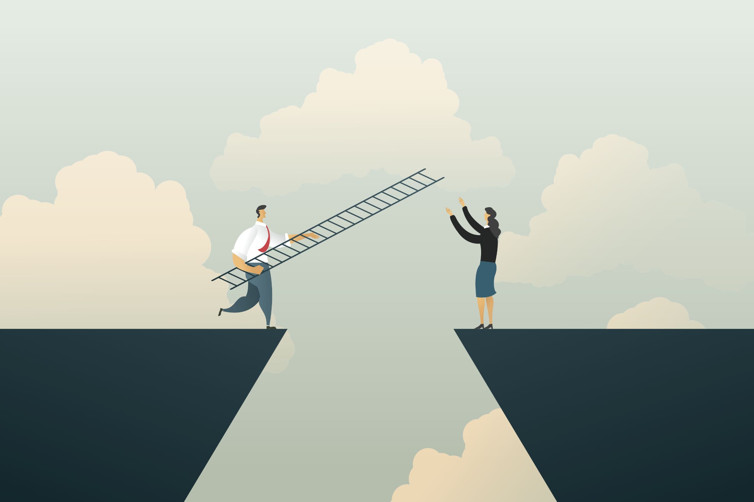 An animation-style image of a business person handing a ladder over a big gap to another business person.