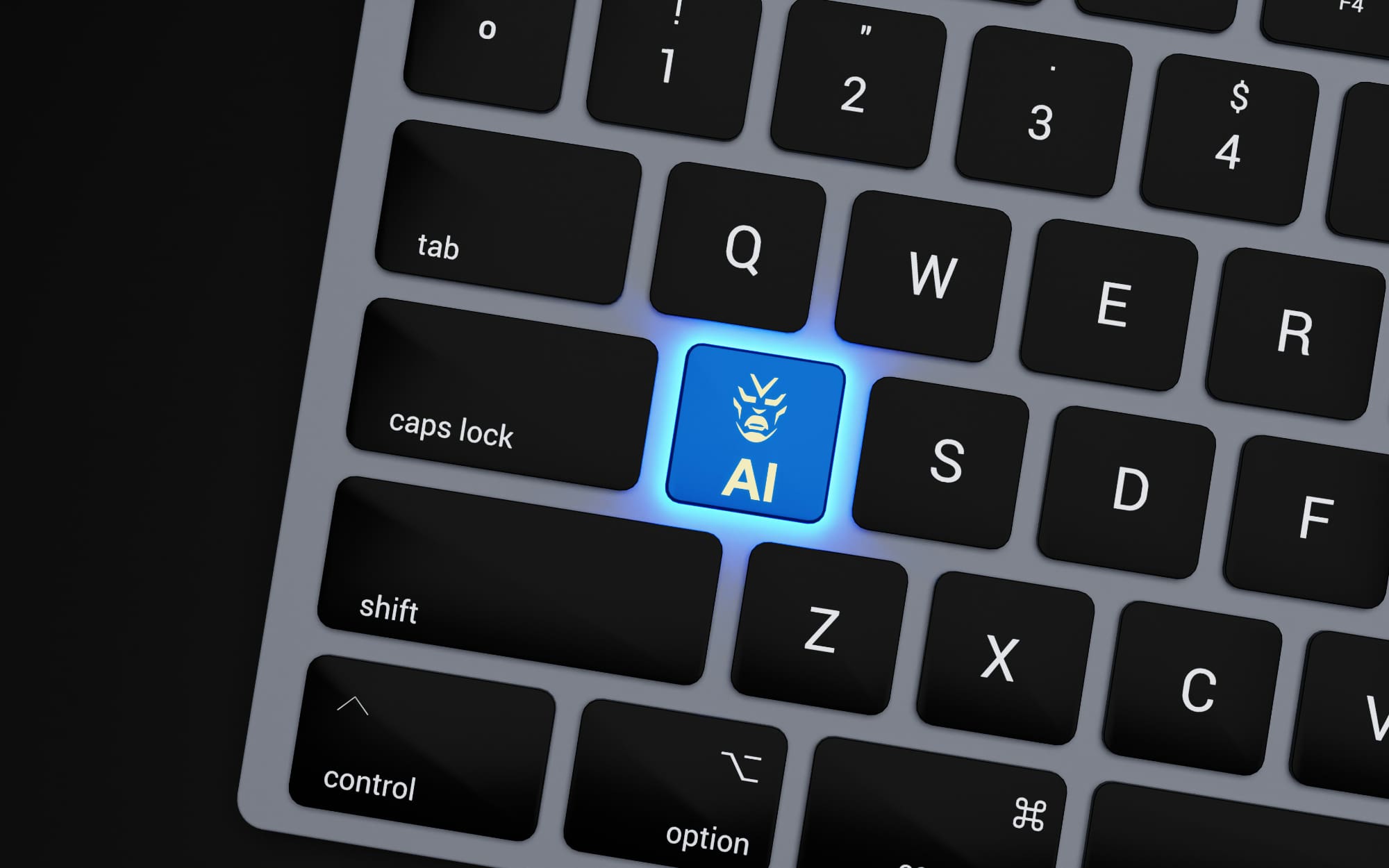 Close up of laptop keyboard showing a designated 'AI' button which is illuminated.